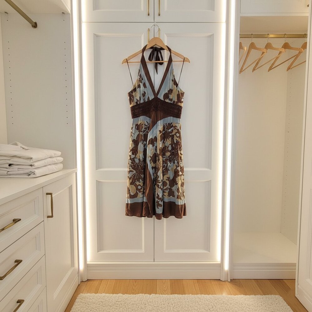 BCBG MaxAzaria Brown and Blue Floral Sleeveless Satin Dress